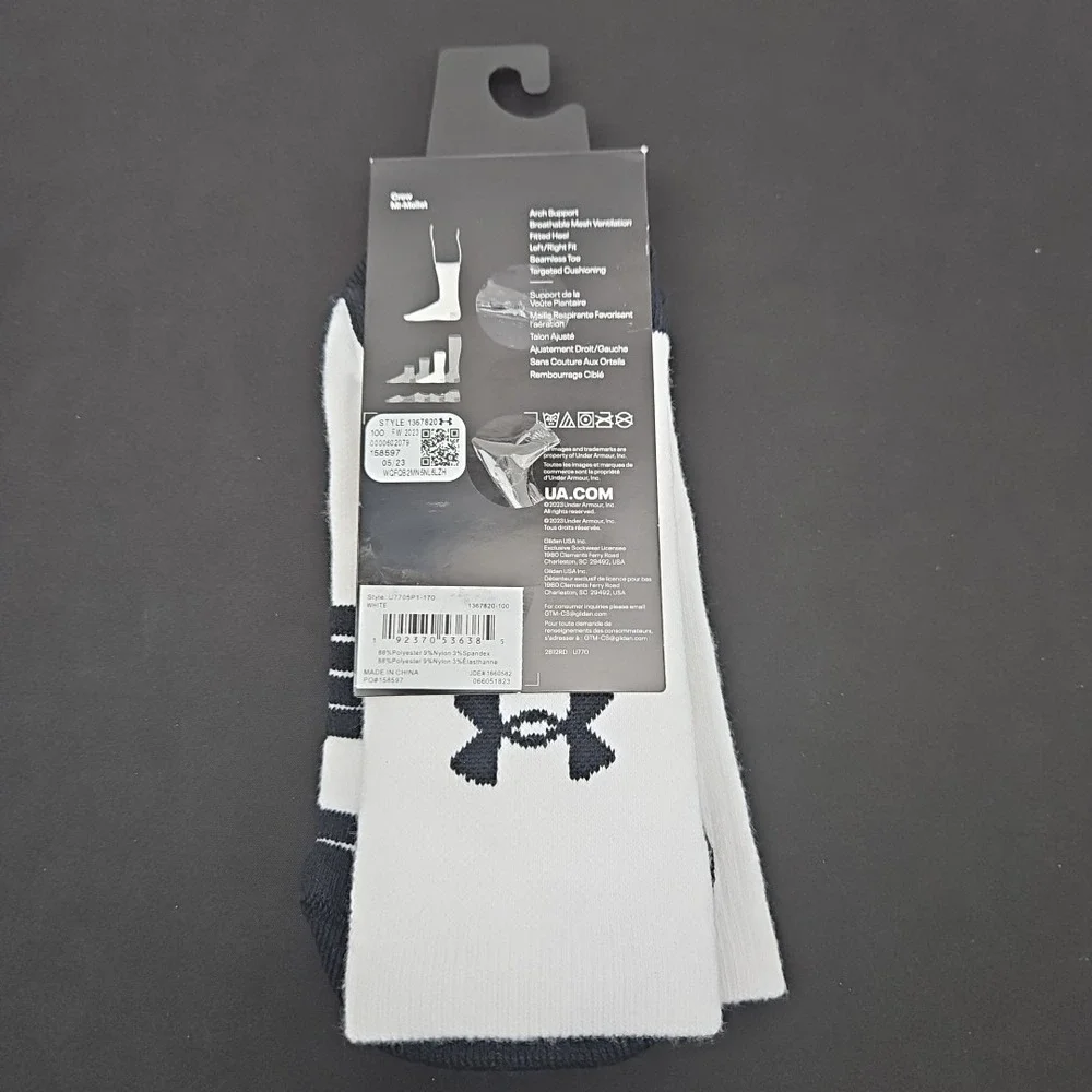 Under Armour UA Team Cushioned Crew Socks Men's Size‎ 8.5-13 White Black New